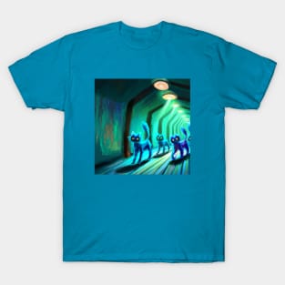 Several Blue Cats March Down a Hallway in an Underground Base T-Shirt